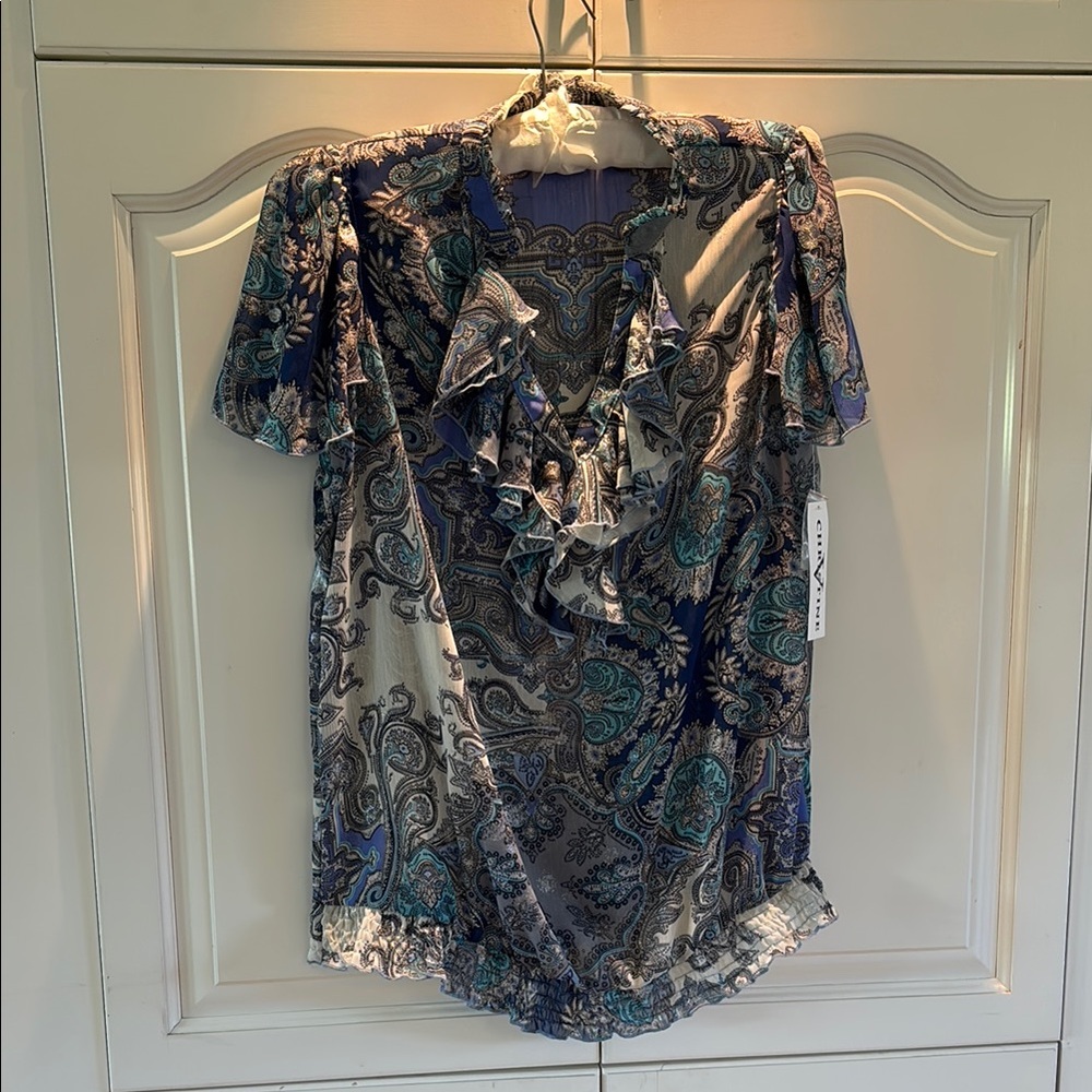 Blue and Gray Asymmetrical Ruffled Blouse